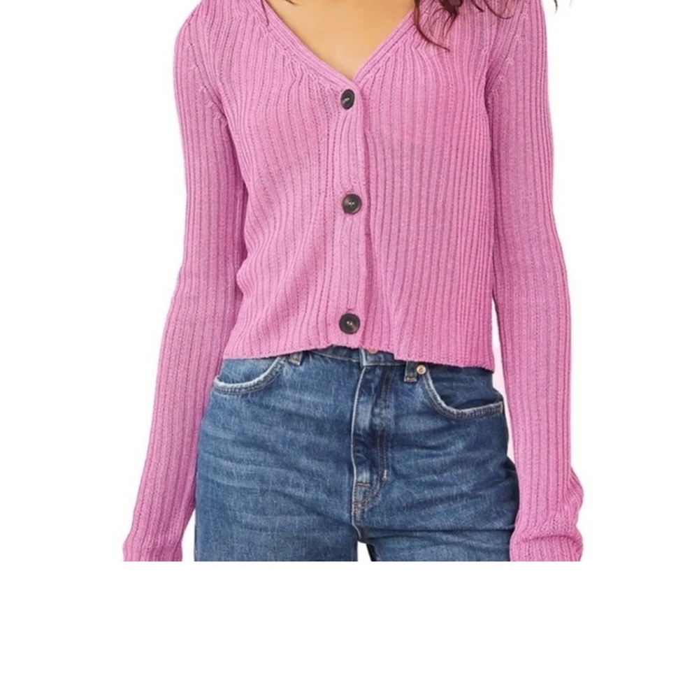 Free People Pink Ribbed Button Cardigan